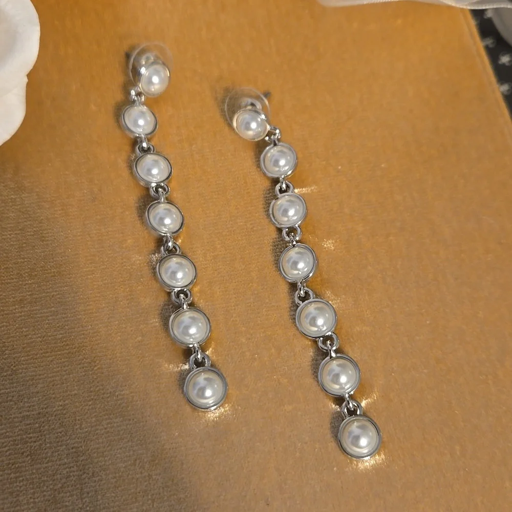 Vintage Bridal style Long Length Drop Pearl Chain Wedding Prom Formal Earrings - Picture 6 of 8